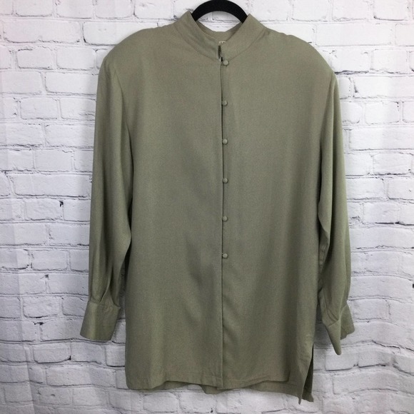 Annie Alexander Silk Work Clothes Mock Collar Long Sleeve Button Down Shirt L - Picture 13 of 14